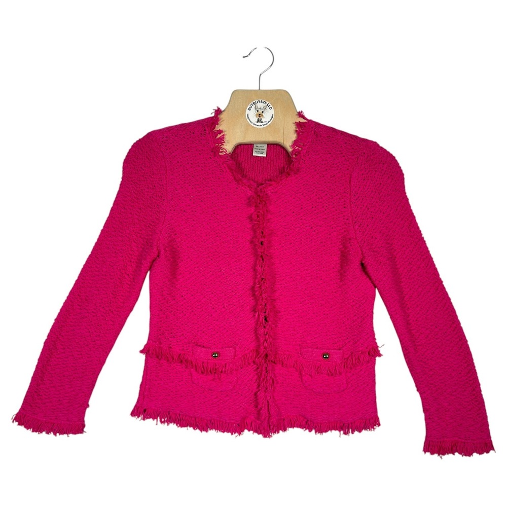 Cache Pink Frayed Knit Cardigan Women's Medium Textured Trim Jacket